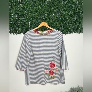 J. Jill Love 100% Linen Stripe Floral Embroidered Blouse Size M Blue White